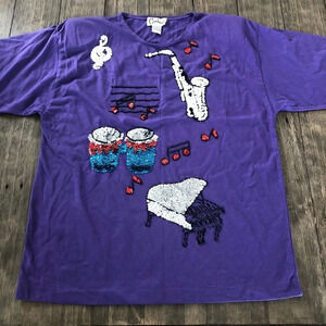 Vintage Carducci Purple Sequin Embellished Top Music Notes Piano Drums Saxophone